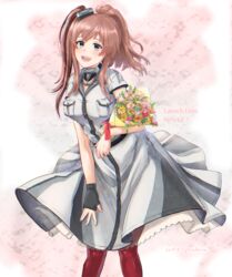  :d alstroemeria_(flower) anchor artist_name bad_id bad_pixiv_id bouquet breast_pocket breasts brown_hair chromatic_aberration commentary_request dated dress feet_out_of_frame female fingerless_gloves flower garter_straps gloves grey_eyes hair_between_eyes hair_ornament high_side_ponytail highres kantai_collection large_breasts leaning_forward looking_at_viewer medara neckerchief open_mouth pocket ponytail red_neckerchief red_thighhighs rose saratoga_(kancolle) saratoga_mk_ii_(kancolle) short_sleeves side_ponytail sidelocks single_glove smile smokestack solo standing teeth thighhighs white_dress 