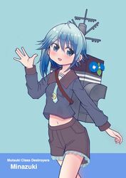  blue_eyes blue_hair commentary_request female flower highres kantai_collection machinery mikoko1 minazuki_(kancolle) navel school_uniform serafuku short_hair waving 