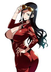  alternate_costume ass black_hair blue_eyes bodysuit breasts cleavage commentary_request cowboy_shot eyewear_on_head female hand_on_own_hip large_breasts long_hair nico_robin no_bra one_piece simple_background smile solo sunglasses takeda_hiromitsu twisted_torso white_background 