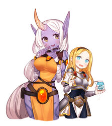  accessory big_breasts blonde_hair blue_eyes blush breasts clothed clothing duo female hair hair_accessory hairband horn human humanoid league_of_legends lux_(lol) mammal milk not_furry purple_body purple_skin riot_games skimpy small_breasts soraka tattoo tencent white_hair wraps yellow_eyes yomieee_(artist) 