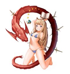  animal_ears arm_behind_back arm_up ass_visible_through_thighs barefoot bikini blonde_hair blue_bikini blush book breasts cagliostro_(granblue_fantasy) cameltoe cat_ears cementite commentary_request covered_nipples dagger dragon female full_body granblue_fantasy grin groin hairband halterneck highres kneeling knife long_hair looking_at_viewer navel oerba_yun_fang ouroboros_(granblue_fantasy) purple_eyes simple_background small_breasts smile solo string_bikini swimsuit toes very_long_hair weapon white_background 