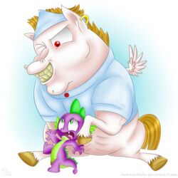  1:1 2016 bulk_biceps_(mlp) clothing dragon duo equid equine fangs feathered_wings feathers feral friendship_is_magic hasbro male mammal my_little_pony mythological_creature mythological_equine mythological_scalie mythology one_eye_closed pegasus piercing scalie simple_background size_difference spike_(mlp) swanlullaby tail teeth wings wink 