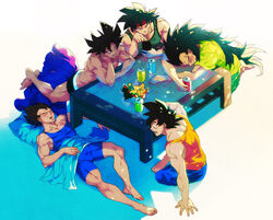  5boys bag_of_chips bardock black_hair can cellphone commentary dark_skin dragon_ball dragon_ball_z drink_can headband highres kakipiinu light long_hair male_focus multiple_boys muscular open_mouth phone photoshop_(medium) raditz scar scar_on_cheek scar_on_face shorts sitting sleeping smartphone soda_can son_goku table tank_top tullece underwear vegeta very_long_hair 