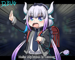  backpack bag beads belt black_hairband black_pants blue_eyes blush commentary_request connor_(detroit) connor_(detroit)_(cosplay) cosplay detroit:_become_human dr._bug dragon_girl dragon_horns emphasis_lines english_text female formal gradient_hair grey_hair hair_beads hair_ornament hairband highres holding_strap horns jacket kanna_kamui kobayashi-san_chi_no_maidragon light_purple_hair long_hair low_twintails multicolored_hair name_connection necktie open_clothes open_jacket open_mouth pants pun purple_hair randoseru salute solo subtitled suit tail twintails 