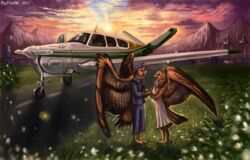  2017 aircraft airplane amber_eyes ambiguous_gender anthro avian beak bird black_beak black_body black_claws black_feathers bottomwear brown_body brown_eyes brown_feathers brown_fur building claws clothed clothing cloud countershading day detailed detailed_background detailed_feathers detailed_fur digital_media_(artwork) dipstick_beak dress duo_focus eye_contact feathered_wings feathers female flashw flower flying fur gate grass group gryphon hand_holding hat headgear headwear hi_res hindpaw humanoid_hands lens_flare light long_mouth looking_at_another male mountain multicolored_beak multicolored_body multicolored_feathers mythological_avian mythological_creature mythology no_sclera open_mouth outside pants paws plant plantigrade road romantic romantic_ambiance romantic_couple scenery shadow shrub side_view sky spread_wings standing sun sunlight two_tone_beak two_tone_body two_tone_feathers vehicle wheel white_body white_countershading white_flower white_fur wind wings yellow_beak 