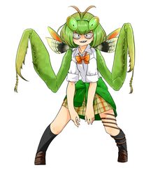  antenna_hair antennae arthropod_girl black_eyes black_socks bow bowtie clothes_around_waist collared_shirt commentary evolvingmonkey female full_body green_hair highres kneehighs leaning_forward legs_apart looking_at_viewer loose_bowtie mantis_akiyama mantis_girl monster_girl original parasite pleated_skirt praying_mantis school_uniform sharp_teeth shirt shoes short_hair simple_background skirt sleeves_rolled_up smirk socks solo sweater sweater_around_waist teeth white_background white_shirt worm 