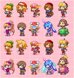  6+girls aile alia_(rockman) alternate_costume blonde_hair blue_eyes blue_hair brown_hair ciel_(rockman) dual_persona gustaff harp_note iris_(rockman_x) kobun leviathan_(rockman) lowres mecha multiple_girls pixel_art pointing rockman rockman_dash rockman_exe rockman_x rockman_zero rockman_zx roll roll_caskett roll_exe ryuusei_no_rockman shirosu tron_bonne wrench 