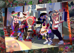  2boys 6+girls absurdres afro alternate_costume anniversary bandana beard black_hair blonde_hair blue_hair boombox callie_(splatoon) cap&#039;n_cuttlefish cephalopod_eyes closed_eyes commentary_request crossed_arms dark_skin facial_hair glasses grin hat highres holding_boombox inkling inkling_boy inkling_girl inkling_player_character inoue_seita japanese_clothes jellyfish_(splatoon) long_hair marie_(splatoon) marina_(splatoon) multiple_boys multiple_girls octoling octoling_girl octoling_player_character official_art old old_man pantyhose pearl_(splatoon) photo_(object) photobomb salmon_run_(splatoon) smile splatoon_(series) splatoon_2 splatoon_2:_octo_expansion spyke_(splatoon) squatting squidbeak_splatoon sunglasses tentacle_hair white_hair 