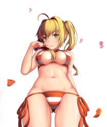  ahoge ass_visible_through_thighs bikini blonde_hair breasts cameltoe cementite commentary_request cowboy_shot criss-cross_halter earrings fate/extra fate/extra_ccc fate/grand_order fate_(series) female from_below green_eyes hair_intakes halterneck highres jewelry large_breasts long_hair looking_at_viewer navel nero_claudius_(fate) nero_claudius_(swimsuit_caster)_(fate) petals side-tie_bikini_bottom smile solo striped_bikini striped_clothes swimsuit twintails twirling_hair 