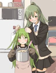  2girls black_footwear black_serafuku chair closed_mouth commentary_request cooking_pot crescent crescent_hair_ornament food green_eyes green_hair hair_ornament hairclip hand_on_another&#039;s_head highres indoors kanna_(po0000000000) kantai_collection kitchen ladle microwave miniskirt mother_and_daughter multiple_girls nagatsuki_(kancolle) necktie oven_mitts po0000000000 ponytail refrigerator school_uniform serafuku skirt standing table thighhighs tongue tongue_out upper_body 