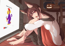  :o animal_ear_fluff animal_ears bare_shoulders barefoot basket blush breast_press breasts brown_hair commentary_request cup dress extra_ears fangs feet female fingernails halloween hugging_own_legs imaizumi_kagerou jack-o&#039;-lantern kagami_toufu large_breasts long_fingernails long_hair mug nail_polish off-shoulder_dress off_shoulder open_mouth pot red_eyes red_nails sharp_fingernails sharp_toenails sidelocks sitting solo table tail toenail_polish toenails toes touhou window wolf_ears wolf_tail youtube youtube_logo youtube_monkey 