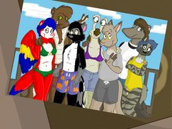  4:3 adeline_(tabbiewolf) anteater avian bikini bird black_hair blue_hair bunny_ears_(gesture) clothing cobra eyewear female gastropod gesture glasses hair herpestid hybrid hyena jacob_(tabbiewolf) johanna_(tabbiewolf) macaw male mammal mephitid mollusk mongoose neotropical_parrot one-piece_swimsuit parrot pilosan procyonid raccoon reptile richard_(tabbiewolf) scalie skunk snail snake swimming_trunks swimwear tabbiewolf theodore_(tabbiewolf) thursday_(tabbiewolf) tricia_(tabbiewolf) true_parrot wings xenarthran 