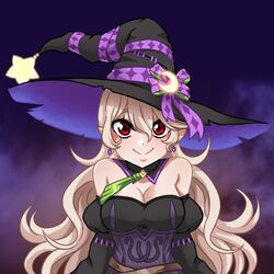  bare_shoulders black_dress breasts cleavage corrin_(female)_(fire_emblem) corrin_(female)_(halloween)_(fire_emblem) corrin_(fire_emblem) crescent crescent_hat_ornament crescent_moon detached_sleeves dress facing_viewer female fire_emblem fire_emblem_fates fire_emblem_heroes green_sash halloween halloween_costume hat hat_ornament hat_ribbon long_hair looking_at_viewer medium_breasts moon official_alternate_costume puffy_sleeves purple_ribbon red_eyes ribbon sash seityr smile star_(symbol) star_hat_ornament white_hair witch witch_hat 