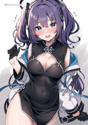  alternate_costume black_dress black_gloves blue_archive blue_eyes blush breasts china_dress chinese_clothes cleavage cleavage_cutout clothing_cutout covered_navel dress embarrassed female flying_sweatdrops gloves halo highres jacket large_breasts long_hair long_sleeves looking_at_viewer mechanical_halo off_shoulder open_clothes open_jacket open_mouth parted_bangs purple_hair short_dress sleeveless sleeveless_dress solo standing super_zombie sweatdrop two_side_up yuuka_(blue_archive) 