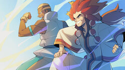  2boys alder_(pokemon) armband blonde_hair clenched_hand clenched_teeth dark-skinned_male dark_skin fingerless_gloves gloves grey_eyes hair_tie hand_on_own_knee hand_up highres long_hair male_focus marshal_(pokemon) momoji_(lobolobo2010) multiple_boys orange_hair pants poke_ball pokemon pokemon_bw red_hair short_hair smile teeth tied_hair yellow_gloves 