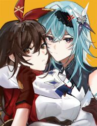  2girls 3o_c amber_(genshin_impact) blue_eyes blue_hair brown_eyes brown_gloves brown_hair cheek-to-cheek closed_mouth eula_(genshin_impact) genshin_impact gloves hair_between_eyes hair_ornament headband heads_together highres hug long_hair long_sleeves looking_at_viewer multiple_girls open_mouth short_sleeves simple_background teeth yellow_background 