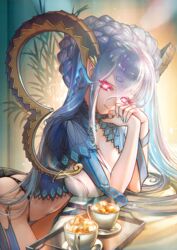  +_+ blue_hair braid breasts coffee curled_horns fate/grand_order fate_(series) female hair_between_eyes horns large_breasts larva_tiamat_(fate) larva_tiamat_(third_ascension)_(fate) long_hair long_horns looking_at_viewer navel official_art pink_eyes pointy_ears solo stomach_tattoo symbol-shaped_pupils tattoo third-party_source tiamat_(fate) very_long_hair yamanaka_kotetsu 