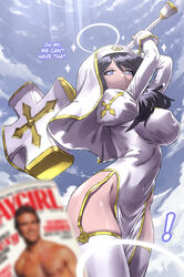  alternate_costume angel black_hair blue_eyes blue_sky breasts commentary_request covered_nipples english_text female halo hammer haraya_manawari helltaker highres holding holding_hammer holding_weapon incoming_attack light_persona modeus_(helltaker) nun sky thighs weapon 