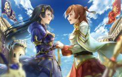  2girls :d absurdres aijou_karen aoi_hane armor artist_name belt belt_buckle black_belt black_hair blue_belt blue_dress blue_eyes blue_gloves blue_sky blurry blurry_foreground brown_eyes brown_hair buckle building buttons cape castle chains cloud commentary_request cowboy_shot day dress eye_contact flag floating_cape floating_hair from_side gloves gold_chain gold_trim highres holding_hands jacket juliet_sleeves kagura_hikari long_hair long_sleeves looking_at_another military military_uniform multiple_girls official_alternate_costume one_side_up open_mouth outdoors pauldrons pleated_skirt profile puffy_sleeves red_skirt short_hair shoujo_kageki_revue_starlight shoujo_kageki_revue_starlight_-re_live- shoulder_armor signature single_stripe skirt sky sleeve_cuffs smile standing striped_clothes striped_skirt sword teeth tiara uniform upper_teeth_only vambraces weapon white_cape white_gloves white_jacket yuri 