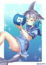  aqua_background ball bare_legs blowhole blue_background blue_dress blue_hair blush border cetacean_tail closed_eyes commentary common_bottlenose_dolphin_(kemono_friends) dolphin_girl dorsal_fin dress female fins fish_tail frilled_dress frills gradient_background grey_hair head_fins holding holding_ball japari_symbol kemono_friends kemono_friends_2 multicolored_hair neckerchief sailor_collar sailor_dress short_hair short_sleeves smile solo souichitei tail twitter_username two-tone_hair white_border white_neckerchief 