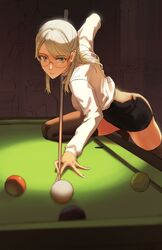  1other ball billiard_ball billiards black_skirt black_thighhighs blonde_hair blue_eyes blue_nails commentary dangodes female glasses hand_on_table highres holding_cue_stick leaning_forward looking_at_viewer medium_hair miniskirt nail_polish original parted_lips pencil_skirt pool_table semi-rimless_eyewear shirt sidelocks skirt spotlight symbol-only_commentary table thighhighs white_shirt 