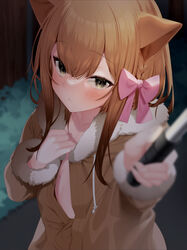  absurdres animal_ears arm_up bad_id bad_pixiv_id blurry blurry_foreground blush bow braid brown_coat brown_hair cat_ears closed_mouth coat commentary_request depth_of_field female fur-trimmed_coat fur-trimmed_sleeves fur_trim haiba_09 hair_between_eyes hairbow highres looking_at_viewer naked_coat nekoseki_rion_(haiba_09) night open_clothes open_coat original outdoors outstretched_arm paid_reward_available pink_bow selfie selfie_stick solo yellow_eyes 