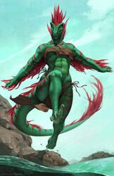  absurd_res anthro bottomwear breasts claws clothing detailed_background dinosaur dromaeosaurid extinct feathered_dinosaur feathered_scalie feathers feet female green_body green_scales hi_res honovy loincloth midair muscular muscular_anthro muscular_female navel non-mammal_breasts outside prehistoric_species red_body red_feathers red_scales reptile running scales scalie solo stripes tail theropod thick_tail toes tribal under_boob uthalla velociraptor water yellow_sclera 