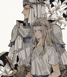  2girls armor blonde_hair blue_eyes company_captain_yorshka dark_souls_(series) dark_souls_iii drenched-in-sunlight flower height_difference long_hair looking_to_the_side multiple_girls pointy_ears short_sleeves shoulder_armor shoulder_pads sirris_of_the_sunless_realms veil white_flower 