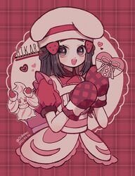  alcremie alcremie_(strawberry_sweet) apron artist_name black_hair buttons character_name dated dawn_(palentine&#039;s_2021)_(pokemon) dawn_(pokemon) eyelashes female frills hair_ornament hairclip hands_up hat heart highres long_hair looking_at_viewer mittens narumame official_alternate_costume open_mouth oven_mitts pink_ribbon pokemon pokemon_(creature) pokemon_masters_ex ribbon short_sleeves sidelocks smile teeth tongue upper_body 