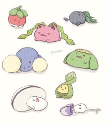  bounsweet budew commentary_request evolutionary_line foongus frown highres hoppip jumpluff lying morelull no_humans oddish on_back pokemon pokemon_(creature) signature skiploom sleepy totennko white_background yellow_eyes 