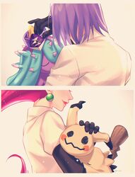  1boy black_gloves closed_eyes commentary_request earrings elbow_gloves female from_side gloves highres holding holding_pokemon jacket james_(pokemon) jessie_(pokemon) jewelry lipstick long_hair makeup mareanie medium_hair mimikyu pokemon pokemon_(anime) pokemon_(creature) pokemon_sm_(anime) purple_hair red_lips ruru_(gi_xxy) short_sleeves sphere_earrings team_rocket team_rocket_uniform white_jacket 