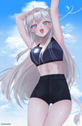  absurdres adapted_costume ahoge animal_ears arm_behind_head armpits arms_up bare_shoulders black_shorts blue_eyes blue_sports_bra blush breasts cloud cloudy_sky contrail contrapposto cowboy_shot fangs female grey_eyes grey_hair hair_between_eyes high-waist_shorts highres hololive large_breasts leaning_to_the_side linea_alba lion_ears lion_girl lion_tail long_hair looking_at_viewer midriff navel nellku24 official_alternate_costume official_alternate_hairstyle open_mouth shiny_clothes shiny_skin shishiro_botan shishiro_botan_(button-down) short_shorts shorts sidelocks sky smile solo sports_bra striped_sports_bra sweat tail thigh_gap vertical-striped_sports_bra very_long_hair virtual_youtuber 