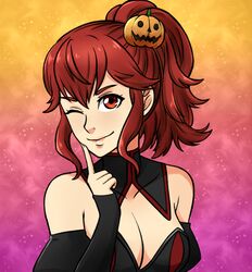  alisa_(vallurite) anna_(fire_emblem) bare_shoulders breasts cleavage detached_sleeves female finger_to_cheek fire_emblem fire_emblem_fates food-themed_hair_ornament hair_ornament halloween halloween_costume lips looking_at_viewer medium_breasts medium_hair one_eye_closed pink_lips ponytail puffy_sleeves pumpkin_hair_ornament red_eyes red_hair sidelocks smile solo 