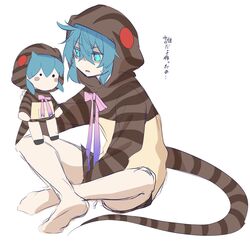  bare_legs barefoot blue_eyes blue_hair blue_ribbon character_doll commentary_request female full_body gradient_neck_ribbon gradient_ribbon hair_between_eyes highres hood hoodie indian_style isobee kemono_friends long_sleeves neck_ribbon pink_ribbon print_hoodie ribbon short_hair sitting snake_print snake_tail sweatdrop tail translated tsuchinoko_(kemono_friends) 