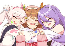  3girls :d airani_iofifteen airani_iofifteen_(1st_costume) animal_ears ayunda_risu ayunda_risu_(1st_costume) blush bow bowtie brown_hair cardigan closed_eyes facing_viewer fingernails grey_hair hair_bun hairband hat hololive hololive_indonesia hug long_hair long_sleeves lutherniel medium_hair moona_hoshinova moona_hoshinova_(1st_costume) multiple_girls nail_polish off-shoulder_shirt off_shoulder one_side_up open_mouth overalls paint_splatter paint_splatter_on_face pink_cardigan pink_headwear pink_nails polka_dot_hairband purple_hair red_bow red_bowtie round_teeth shirt single_side_bun smile squirrel_ears squirrel_girl teeth upper_teeth_only virtual_youtuber white_shirt 