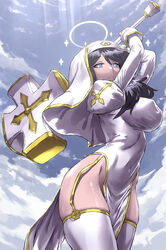  alternate_costume angel black_hair blue_eyes blue_sky breasts covered_nipples female halo hammer haraya_manawari helltaker highres holding holding_hammer holding_weapon light_persona modeus_(helltaker) nun sky solo thighs weapon 