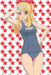  aikatsu! aikatsu!_(series) armpits artist_request bare_arms bare_shoulders blonde_hair blue_one-piece_swimsuit female hair_ribbon hairband hand_on_own_hip headshop hoshimiya_ichigo long_hair looking_at_viewer name_tag one-piece_swimsuit pose red_eyes red_hairband red_ribbon ribbon scan school_swimsuit solo starry_background swimsuit third-party_edit very_long_hair w yaguchi_hiroko 