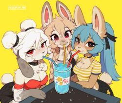  2023 anthro bendy_straw beverage big_breasts blush bottomwear braided_hair braided_ponytail breasts chest_tuft choker cleavage clothed clothing container cup double_bun drinking_straw female floppy_ears fluffy furniture group hair hi_res inner_ear_fluff jewelry lagomorph leporid looking_at_viewer mammal necklace ponytail rabbit sharing_beverage shorts simple_background sitting slushie_(waspsalad) straw_in_mouth table topwear torpor_(waspsalad) trio tuft vivi_(waspsalad) waspsalad 