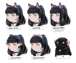  absurdres animal animal_ear_fluff animal_ears animal_with_human_ears bell black_hair black_shirt blunt_bangs blush cat_ears closed_mouth collar commentary ear_focus english_commentary english_text extra_ears feline female highres jingle_bell medium_hair meme multiple_views neck_bell original portrait shirt simple_background smile split_mouth twintails vertigris what white_background yellow_eyes 