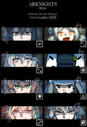  6+girls arknights black_hair blush brown_hair carillus chart commentary cuora_(arknights) cut-in diffraction_spikes english_commentary english_text fire_helmet glowing glowing_eyes green_eyes hair_between_eyes hair_ornament hairclip highres horns ifrit_(arknights) kroos_(arknights) lancet-2_(arknights) lappland_(arknights) looking_at_viewer mayer_(arknights) multiple_girls open_mouth orange_eyes persona persona_3 persona_eyes robot scar scar_across_eye scar_on_face shaw_(arknights) smile smirk sound_effects squinting teeth texas_(arknights) twintails unusually_open_eyes 