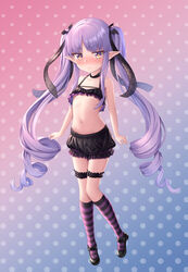  absurdres bare_arms black_footwear black_legwear black_shorts blue_background blush cementite closed_mouth female flat_chest frown full_body gradient gradient_background hair_ribbon highres kneehighs kyouka_(princess_connect!) leg_garter lolicon long_hair mary_janes midriff navel nose_blush pink_background pointy_ears princess_connect! purple_eyes purple_hair purple_legwear ribbon shoes shorts solo striped striped_legwear twintails very_long_hair 