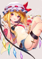  :p ainy alternate_costume blonde_hair blue_shorts blush breasts crystal denim denim_shorts female flandre_scarlet hair_between_eyes hat highres holding holding_spoon long_hair mob_cap navel parfait red_eyes revealing_clothes revision short_shorts shorts solo spoon tongue tongue_out touhou twitter_username underboob white_hat wings 