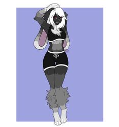  anthro ashley_(huf13) athletic_wear black_body black_fur bottomwear bra clothing domestic_rabbit feet female fluffy_thighs fur grey_body grey_fur gym_bottomwear gym_shorts hair hands_behind_head hi_res lagomorph leporid lop_rabbit mammal nanicreates oryctolagus purple_background rabbit raised_arm red_eyes shorts simple_background solo sports_bra teeth_showing thigh_gap underwear white_background white_feet white_hair wide_hips 