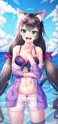  absurdres animal_ear_fluff animal_ears bikini bikini_under_clothes black_hair blue_bikini blue_sky blurry blurry_background blush bow breasts cat_ears cat_girl cat_tail cleavage cloud collarbone commentary day depth_of_field drawstring eyewear_on_head female front-tie_bikini_top front-tie_top green_eyes grey-framed_eyewear groin hair_between_eyes hairbow hand_up highres horizon index_finger_raised jacket karyl_(princess_connect!) karyl_(summer)_(princess_connect!) long_hair looking_at_viewer low_twintails medium_breasts multicolored_hair navel ocean oerba_yun_fang off_shoulder open_clothes open_fly open_jacket open_mouth open_shorts outdoors photoshop_(medium) princess_connect! purple_jacket red_bow ryon_y0421 short_shorts shorts sky solo sparkle standing streaked_hair sunglasses swimsuit tail tail_raised thigh_strap twintails very_long_hair water water_drop white_hair white_shorts 