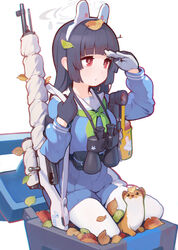  animal_ears ataruman binoculars black_gloves black_hair blue_archive blue_serafuku blue_skirt blunt_bangs bolt_action commentary_request fake_animal_ears female ferret gloves green_neckerchief gun gun_sling highres in_container leaf leaf_on_head long_hair long_sleeves miyu_(blue_archive) mosin-nagant neckerchief open_mouth pantyhose rabbit_ears red_eyes rifle sailor_collar school_uniform serafuku simple_background skirt solo trash_can twig two-tone_skirt weapon white_background white_pantyhose white_sailor_collar white_skirt 