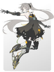  absurdres bare_shoulders black_choker black_dress bracelet cdlo choker dress female grey_background grey_eyes highres jewelry long_hair mechanical_arms mechanical_legs nanami:_pulse_(punishing:_gray_raven) nanami_(punishing:_gray_raven) ponytail punishing:_gray_raven solo very_long_hair 