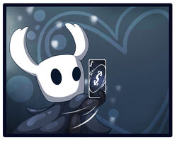  ambiguous_gender animal_humanoid arthropod arthropod_humanoid azura_inalis black_body black_eyes black_skin border cape card card_game clothed clothing empty_eyes featureless_hands gaming hi_res hollow_knight humanoid insect_humanoid insects mouthless reaction_image solo team_cherry the_knight_(hollow_knight) uno vessel_(species) white_border 