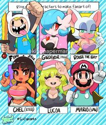  2boys 4girls adventure_time alternate_color animal_ears bangle bare_shoulders baseball_cap bat_ears bat_girl bat_wings black_hair blonde_hair blue_overalls blush bracelet breasts brown_eyes cape character_name chel_(the_road_to_el_dorado) cleavage closed_eyes commentary copyright_name crossover dark_skin dragon_girl dragon_horns earrings elbow_gloves english_commentary english_text eyeshadow facial_hair finn_the_human gardevoir gloves gradient_hair green_eyes green_hair hat highres holding holding_sword holding_weapon horns horns_through_headwear jake_the_dog jewelry kingpapermario kobayashi-san_chi_no_maidragon large_breasts lips loincloth long_hair looking_at_viewer lucoa_(maidragon) makeup mario mario_(series) mega_gardevoir mega_pokemon moustache multicolored_hair multiple_boys multiple_crossover multiple_drawing_challenge multiple_girls open_mouth overalls pokemon pokemon_(creature) red_headwear red_shirt rouge_the_bat shiny_pokemon shirt six_fanarts_challenge smile sonic_(series) super_mario_world sword tank_top teeth the_road_to_el_dorado thick_thighs thighs tongue tongue_out twitter_username v watermark weapon white_gloves wide_hips wings 