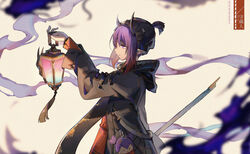  arknights beanie black_coat black_headwear black_scarf character_doll chinese_commentary closed_mouth coat cowboy_shot demon_horns dress female from_side gradient_hair hat hibiscus_(arknights) highres holding holding_lantern holding_staff horns kagura_tohru lantern lava_(arknights) medium_hair multicolored_hair pointy_ears profile purple_eyes purple_hair red_dress red_hair scarf simple_background smile smoke solo staff two-tone_hair white_background 