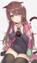  animal_ear_fluff animal_ears black_thighhighs blue_panties blush breasts brown_hair cape cat_ears cat_tail cure_slum debi_tarou dot_nose fake_animal_ears fake_tail female fidgeting grey_background grey_jacket hair_between_eyes hands_up idolmaster idolmaster_shiny_colors jacket long_hair looking_at_viewer medium_breasts open_mouth osaki_tenka panties pantyshot pink_cape print_cape print_jacket simple_background sitting solo striped_clothes striped_panties tail thighhighs underwear wariza yellow_eyes 